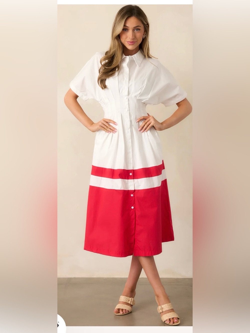 &Merci Diner Downtown Red White Button-Front Midi Dress Red Colorblock Small